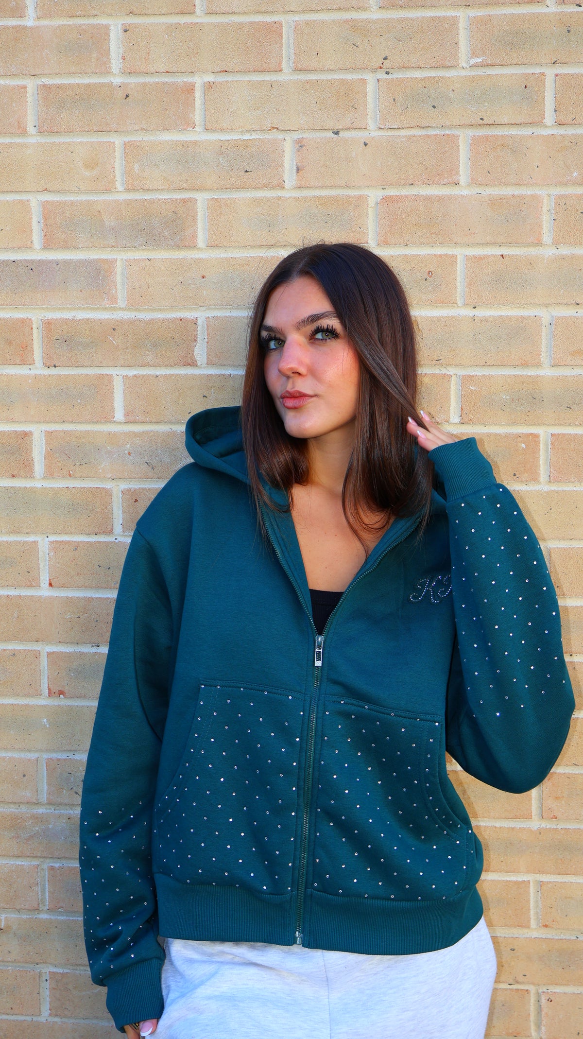 Yasmine 80% cotton fleece diamonte hoodie teal