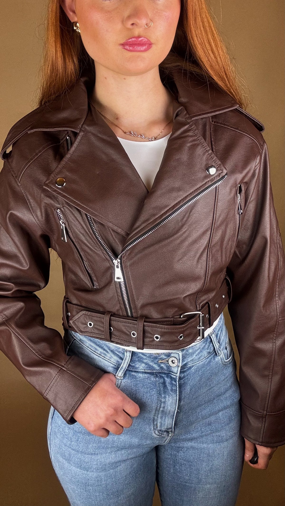 Jade crop Faux Leather Jacket with belt