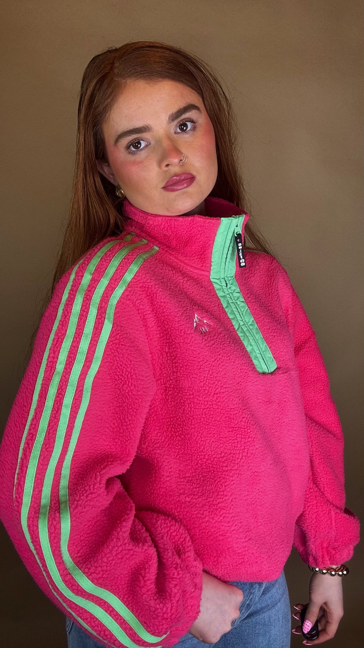Emma x4 Stripe Fleece Pink size down. Pockets & draw string