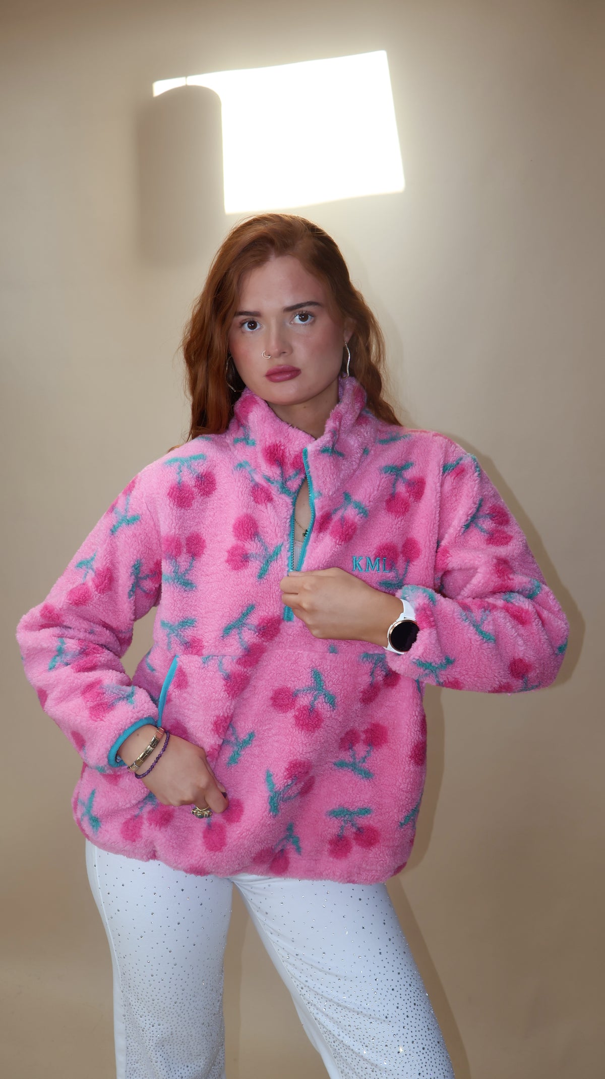 ONE OFF DROP. Cheeky Cherry KML Fleece. Pockets & drawstring. *Thermal fleece-more dense finish on the inside