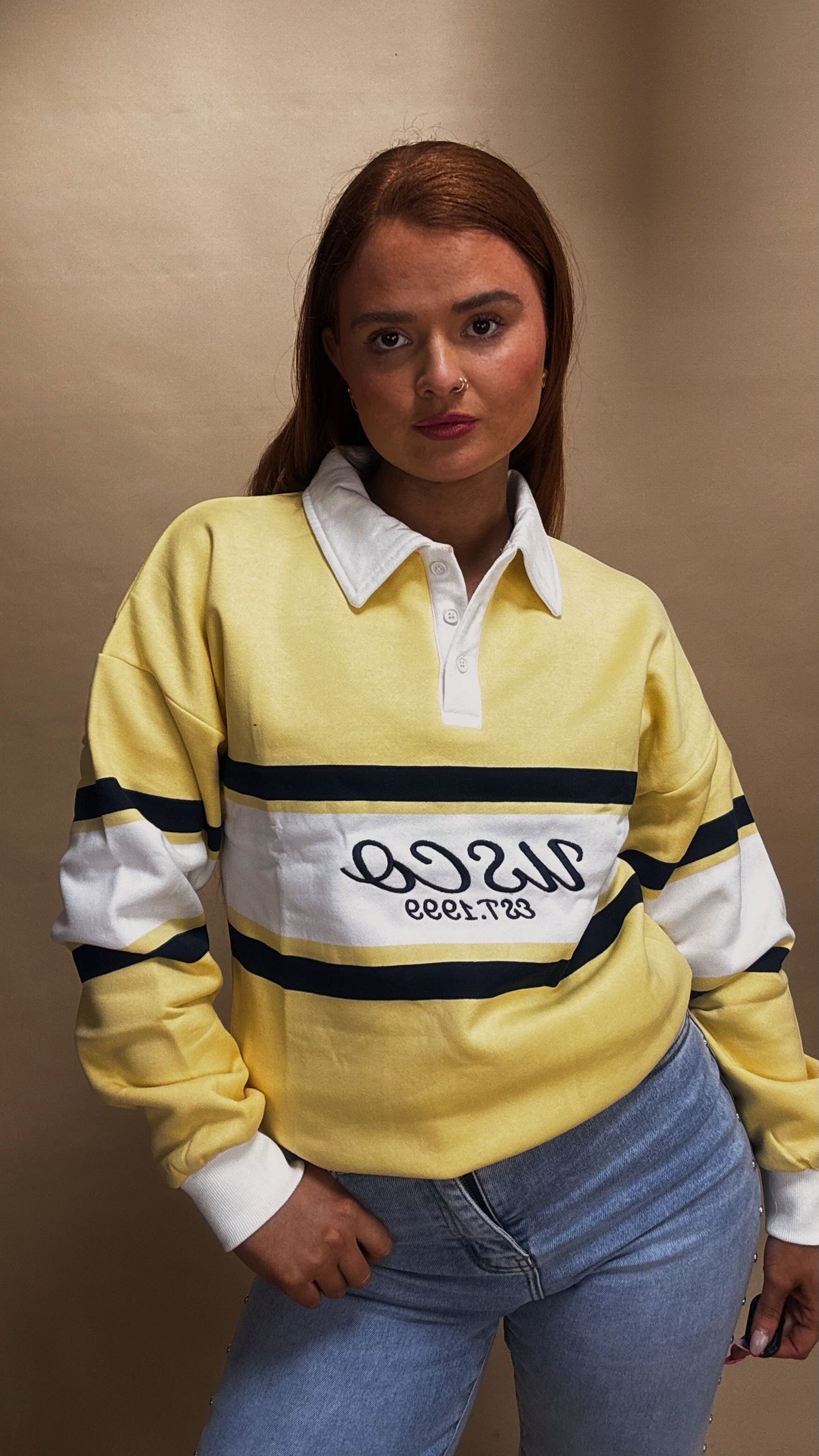 Flora 80% cotton fleece line rugby collar crew neck