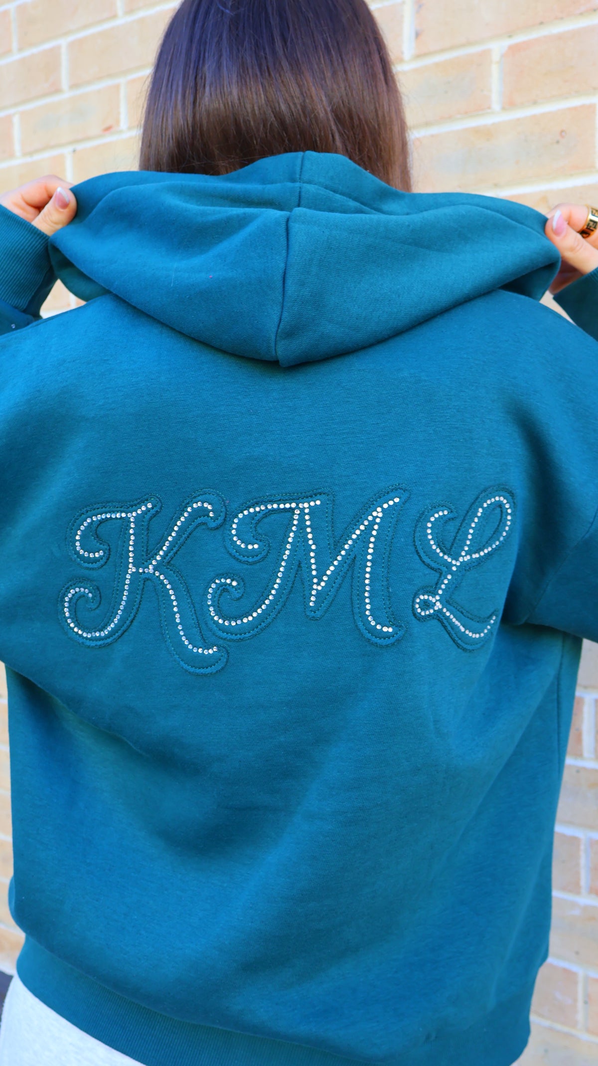 Yasmine 80% cotton fleece diamonte hoodie teal