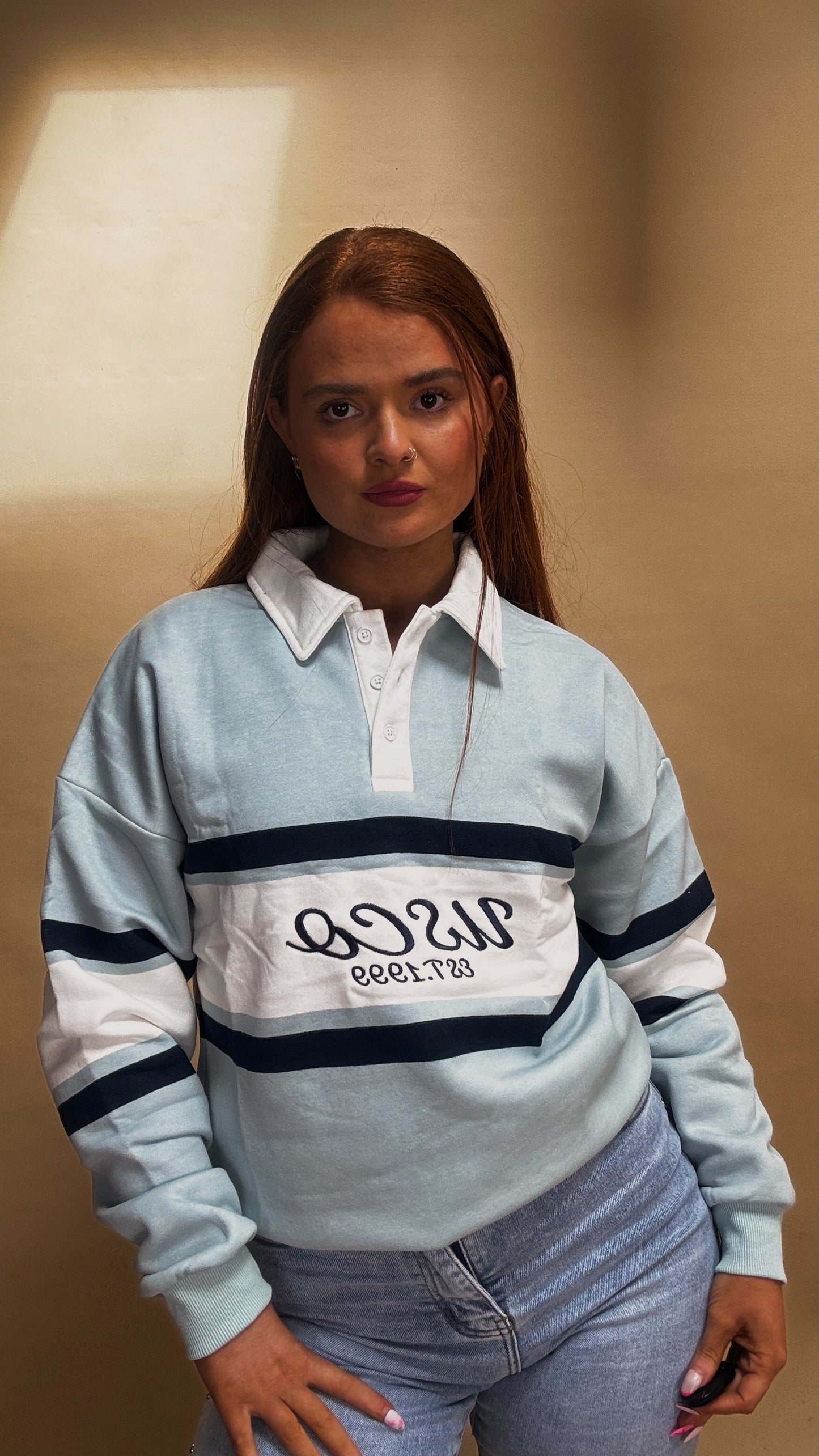 Nia 80% cotton fleece line rugby collar crew neck