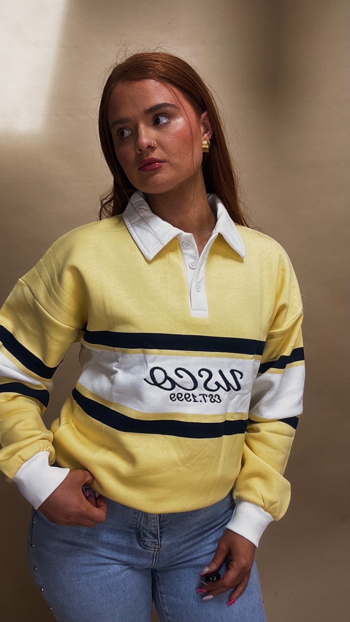 Flora 80% cotton fleece line rugby collar crew neck