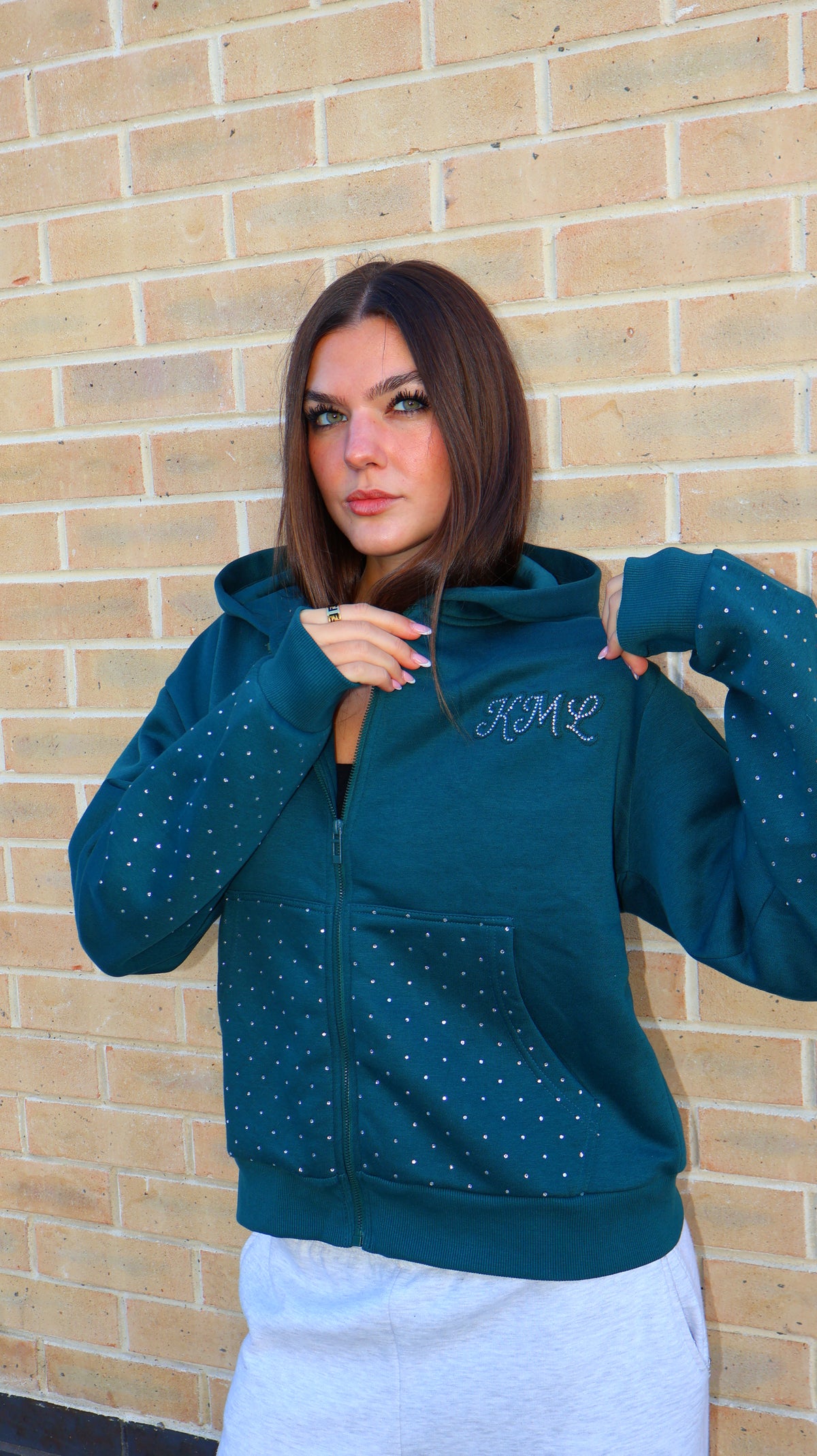 Yasmine 80% cotton fleece diamonte hoodie teal