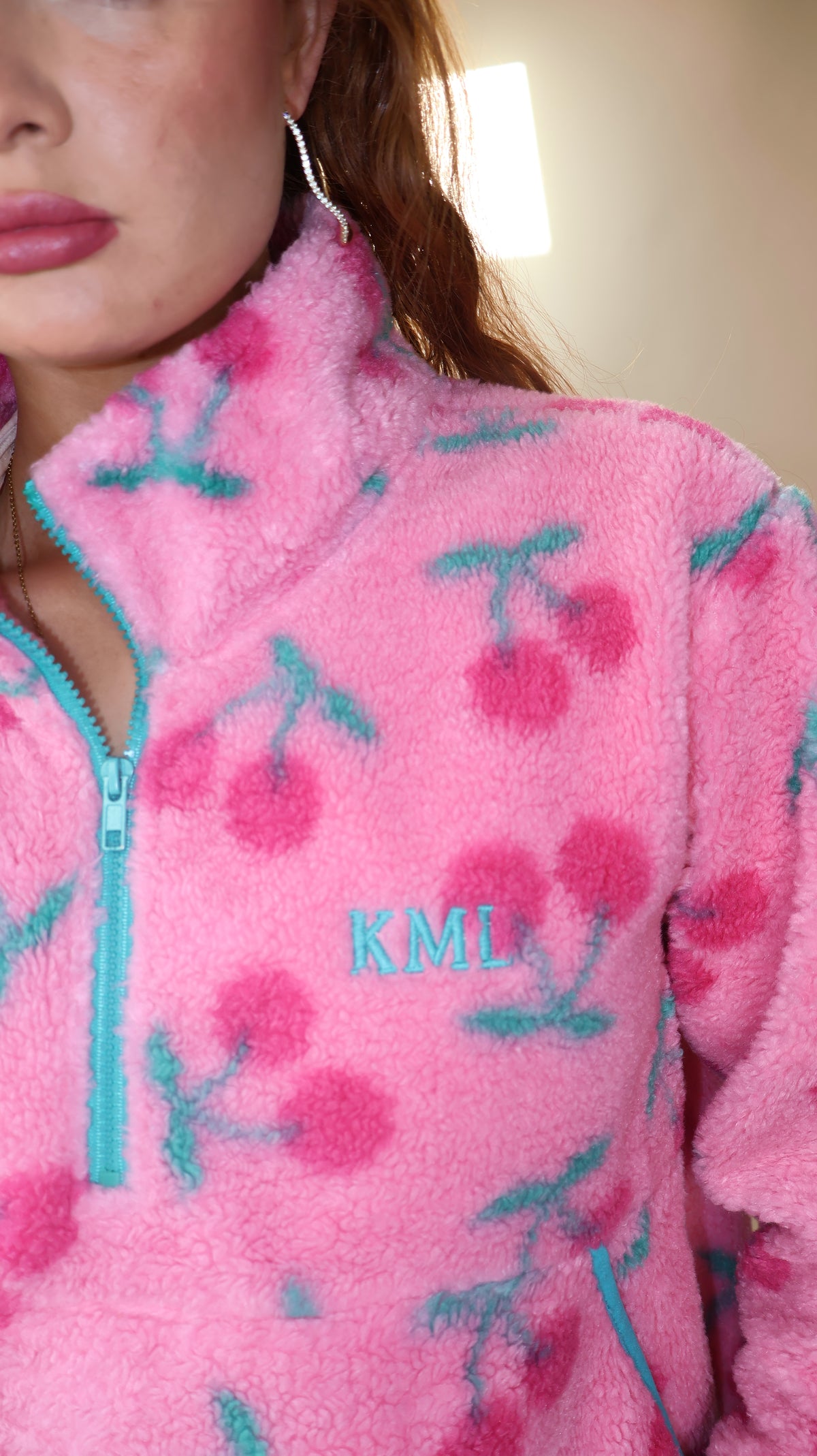 ONE OFF DROP. Cheeky Cherry KML Fleece. Pockets & drawstring. *Thermal fleece-more dense finish on the inside