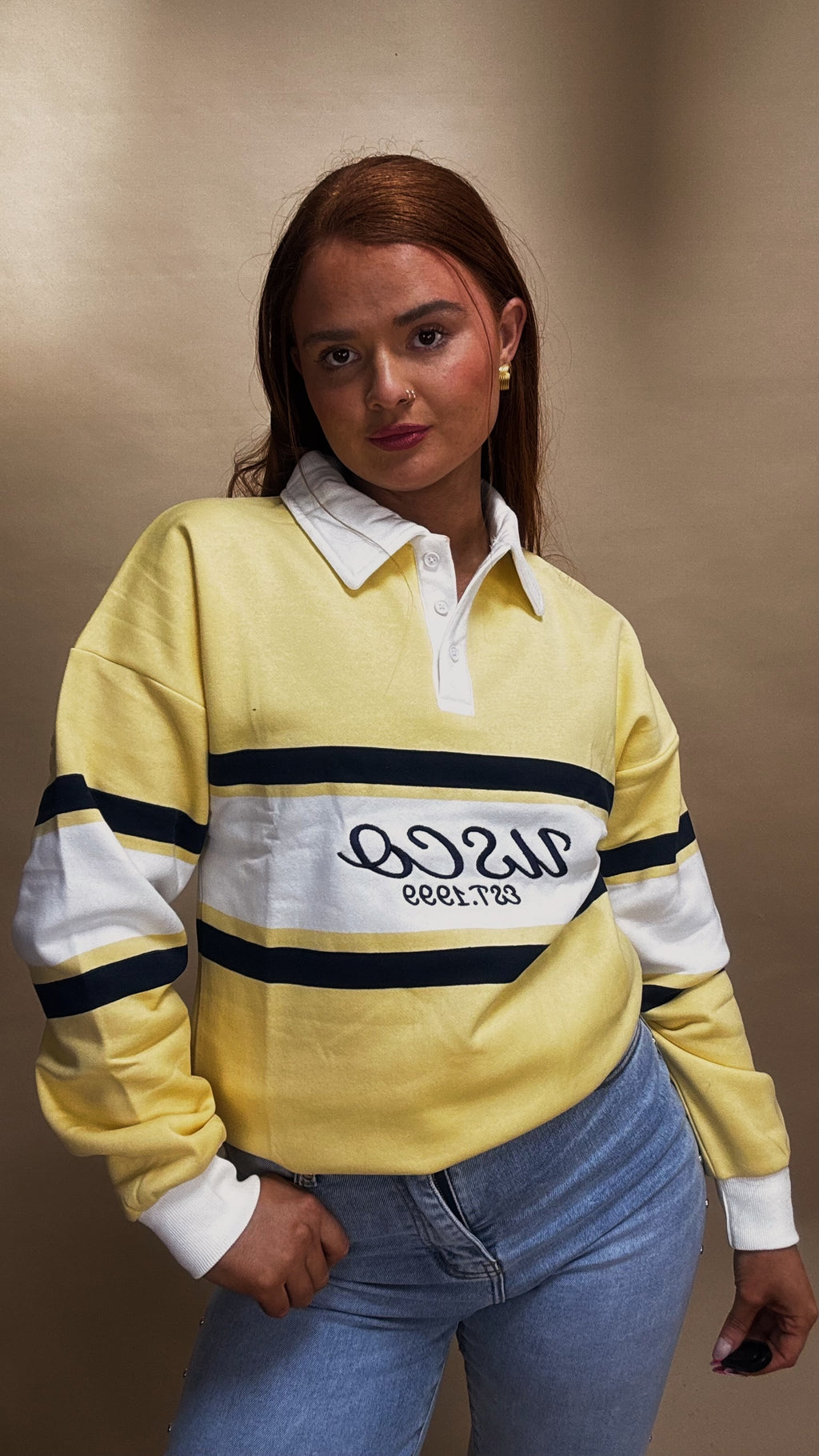 Flora 80% cotton fleece line rugby collar crew neck