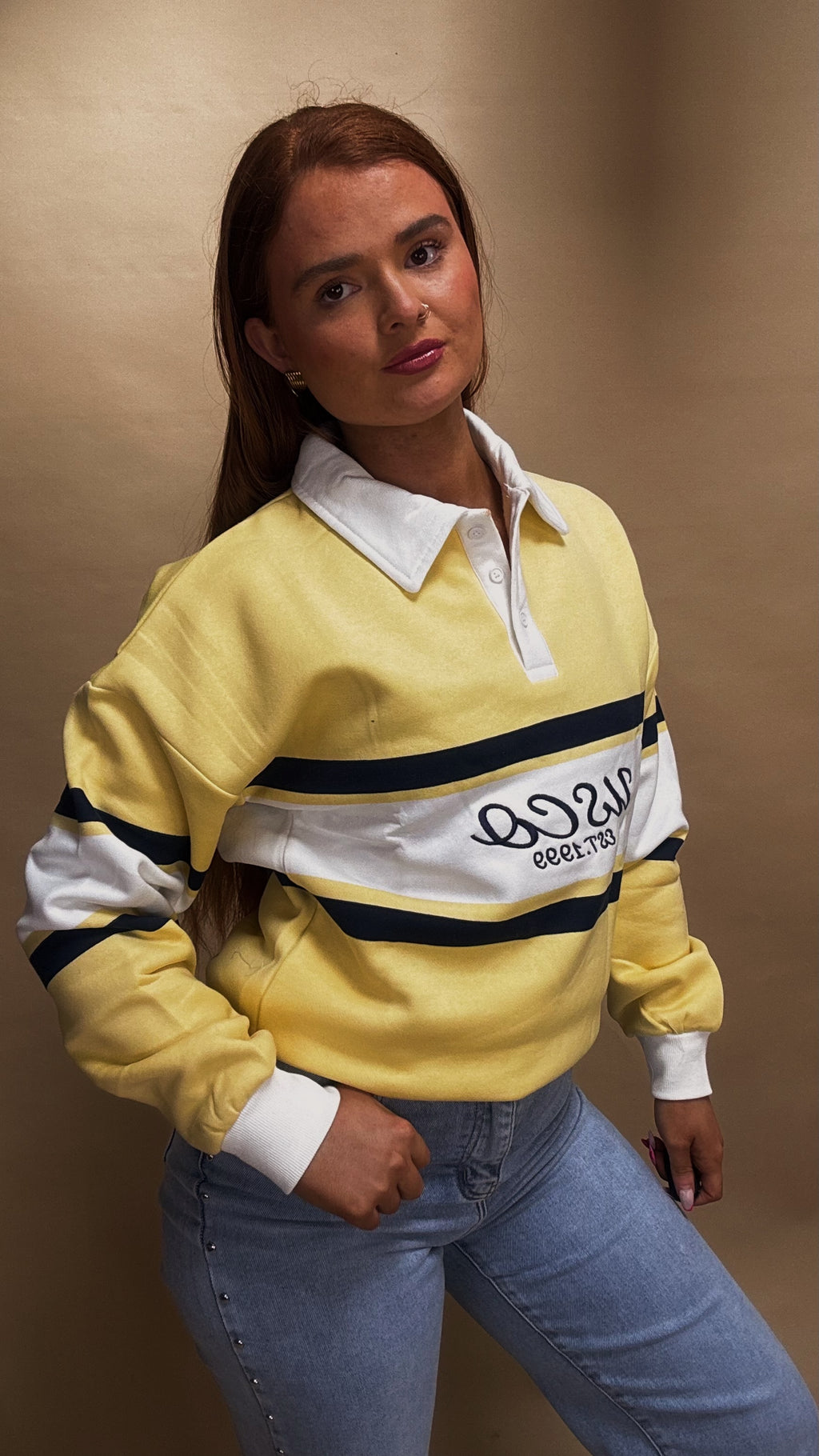 Flora 80% cotton fleece line rugby collar crew neck