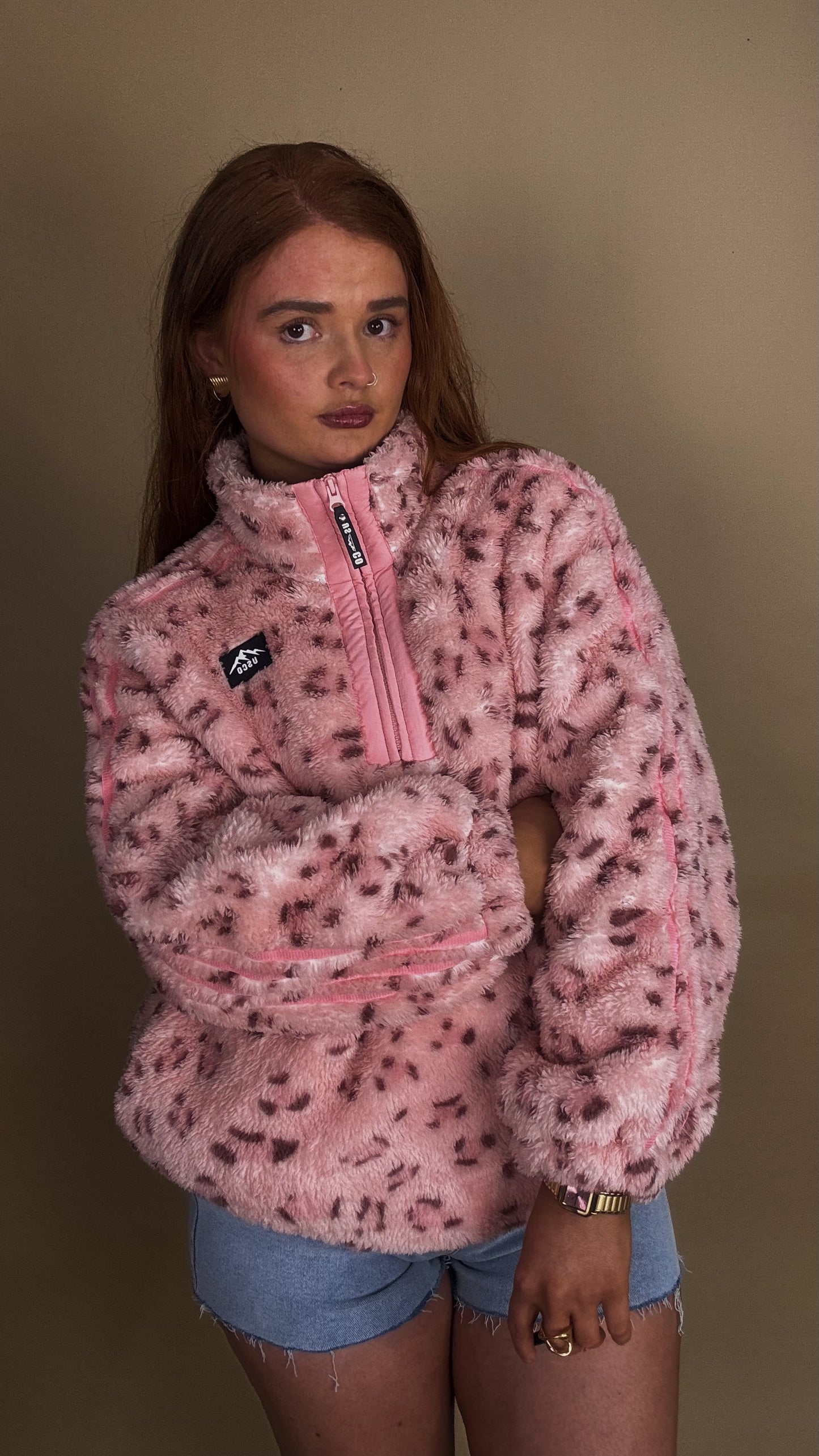 Chelsea Pink leopard fleece. Drawstring + pockets. Size down!