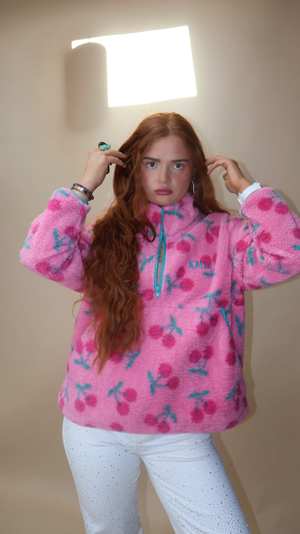 ONE OFF DROP. Cheeky Cherry KML Fleece. Pockets & drawstring. *Thermal fleece-more dense finish on the inside