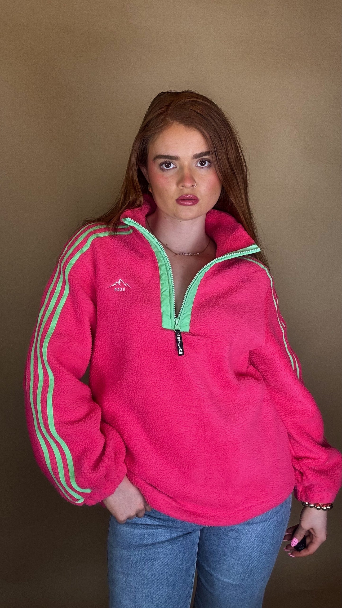 Emma x4 Stripe Fleece Pink size down. Pockets & draw string
