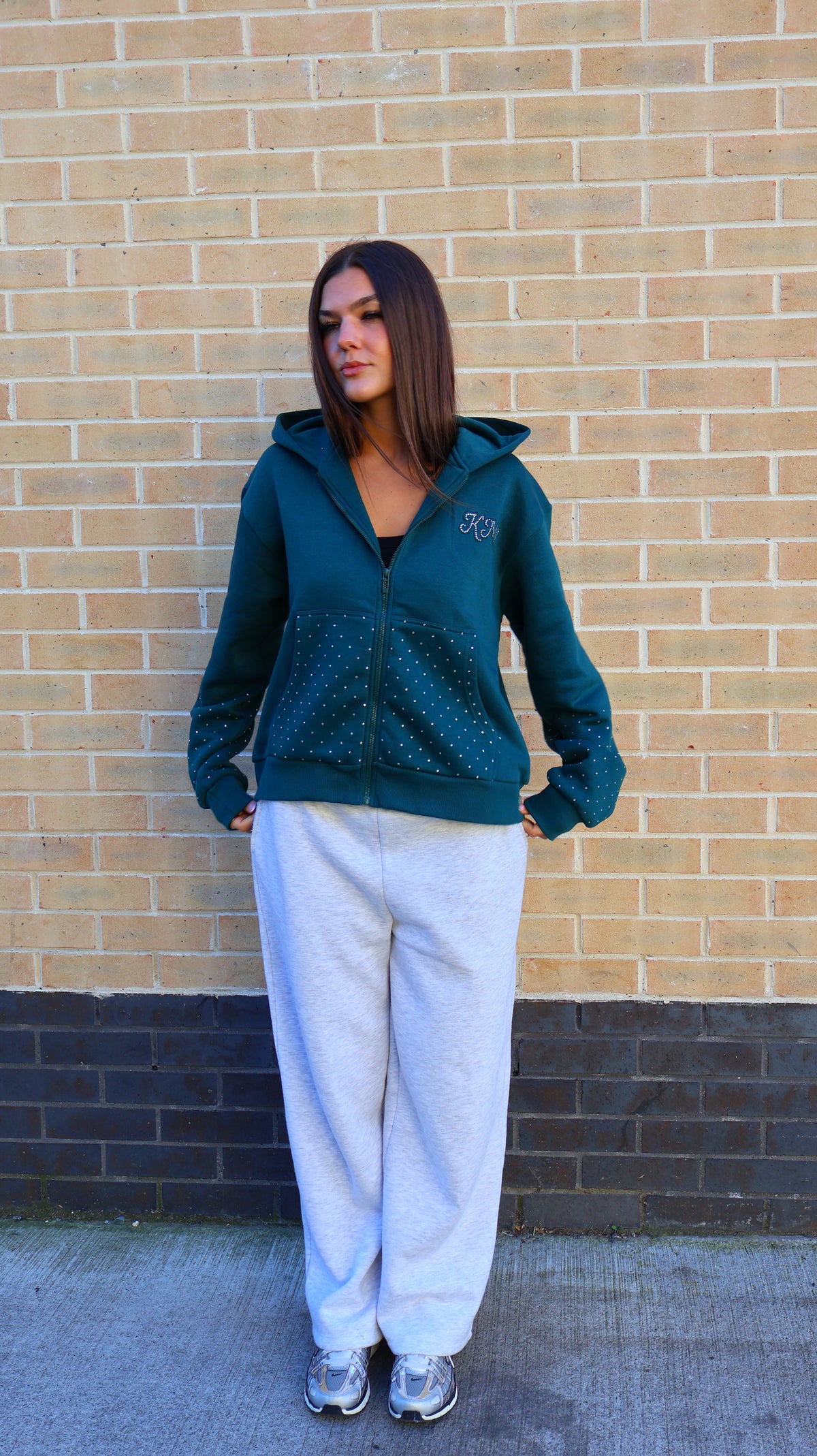 Yasmine 80% cotton fleece diamonte hoodie teal