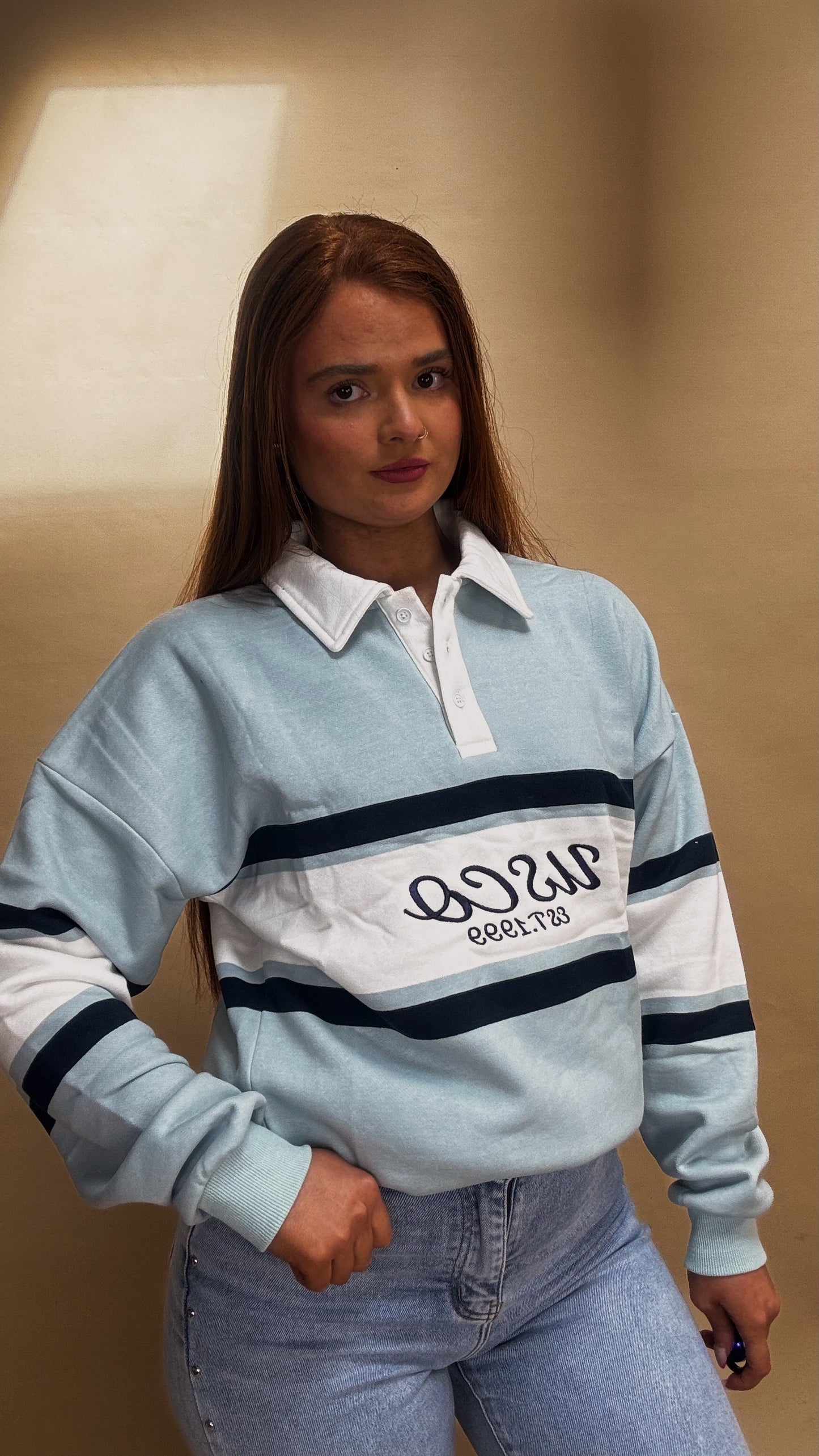 Nia 80% cotton fleece line rugby collar crew neck