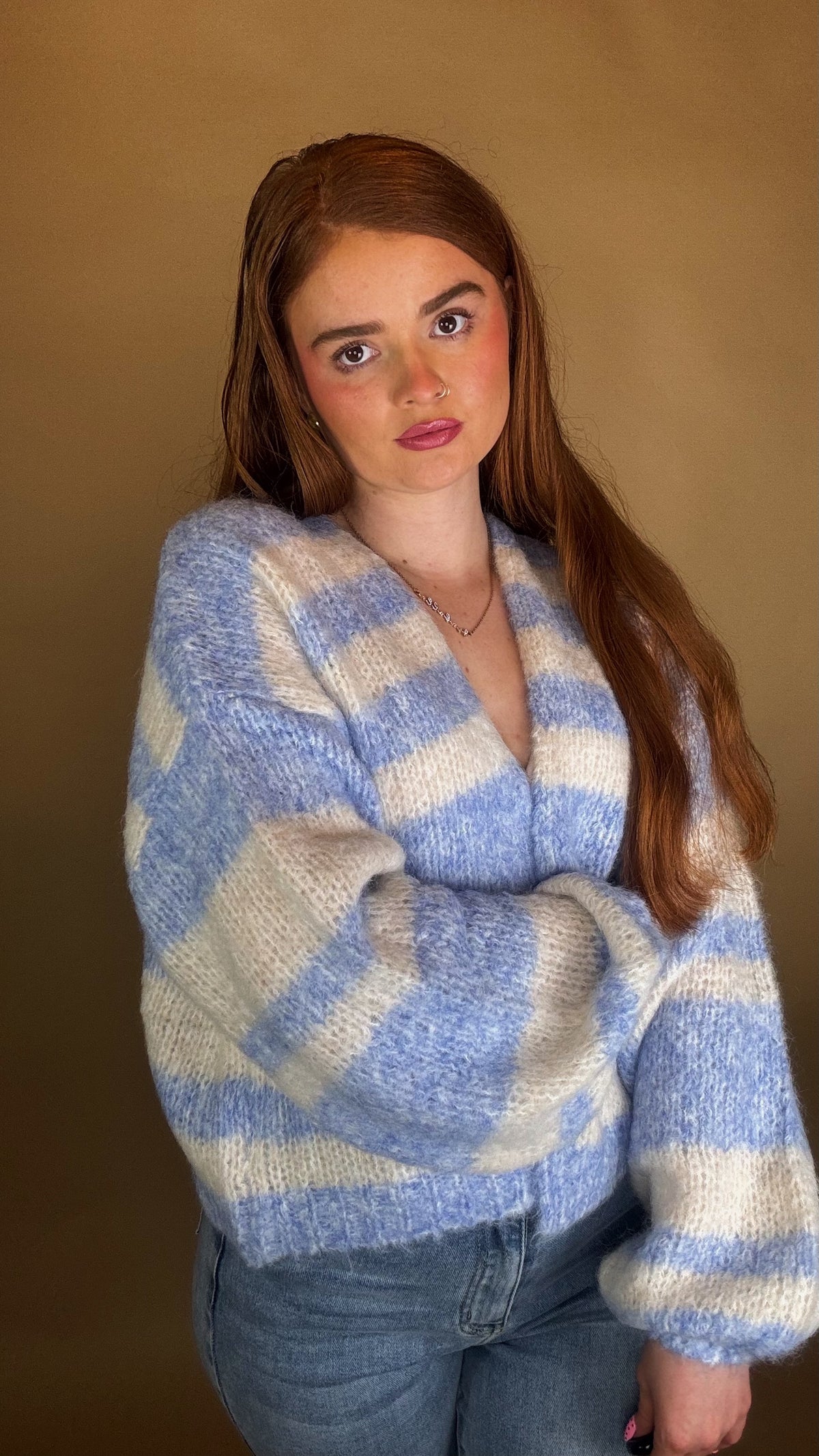 Olive Stripe Balloon Sleeve cardigan