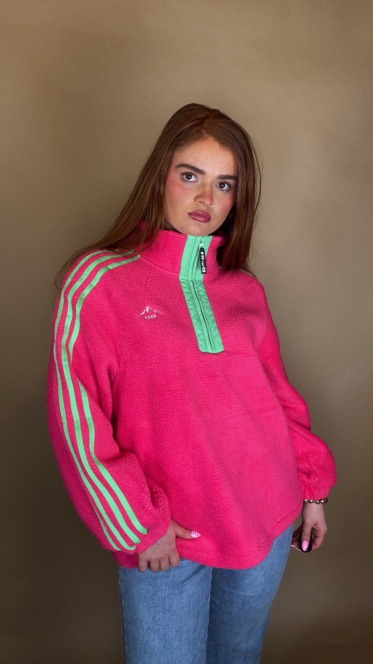 Emma x4 Stripe Fleece Pink size down. Pockets & draw string