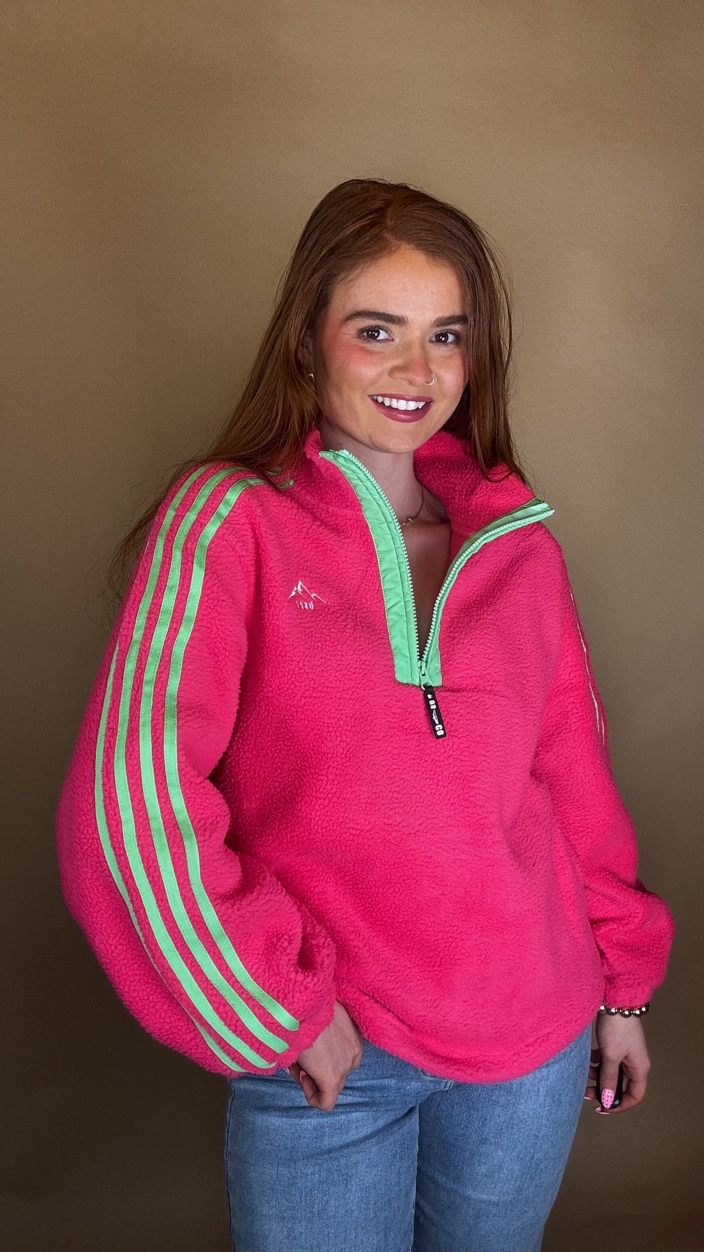 Emma x4 Stripe Fleece Pink size down. Pockets & draw string