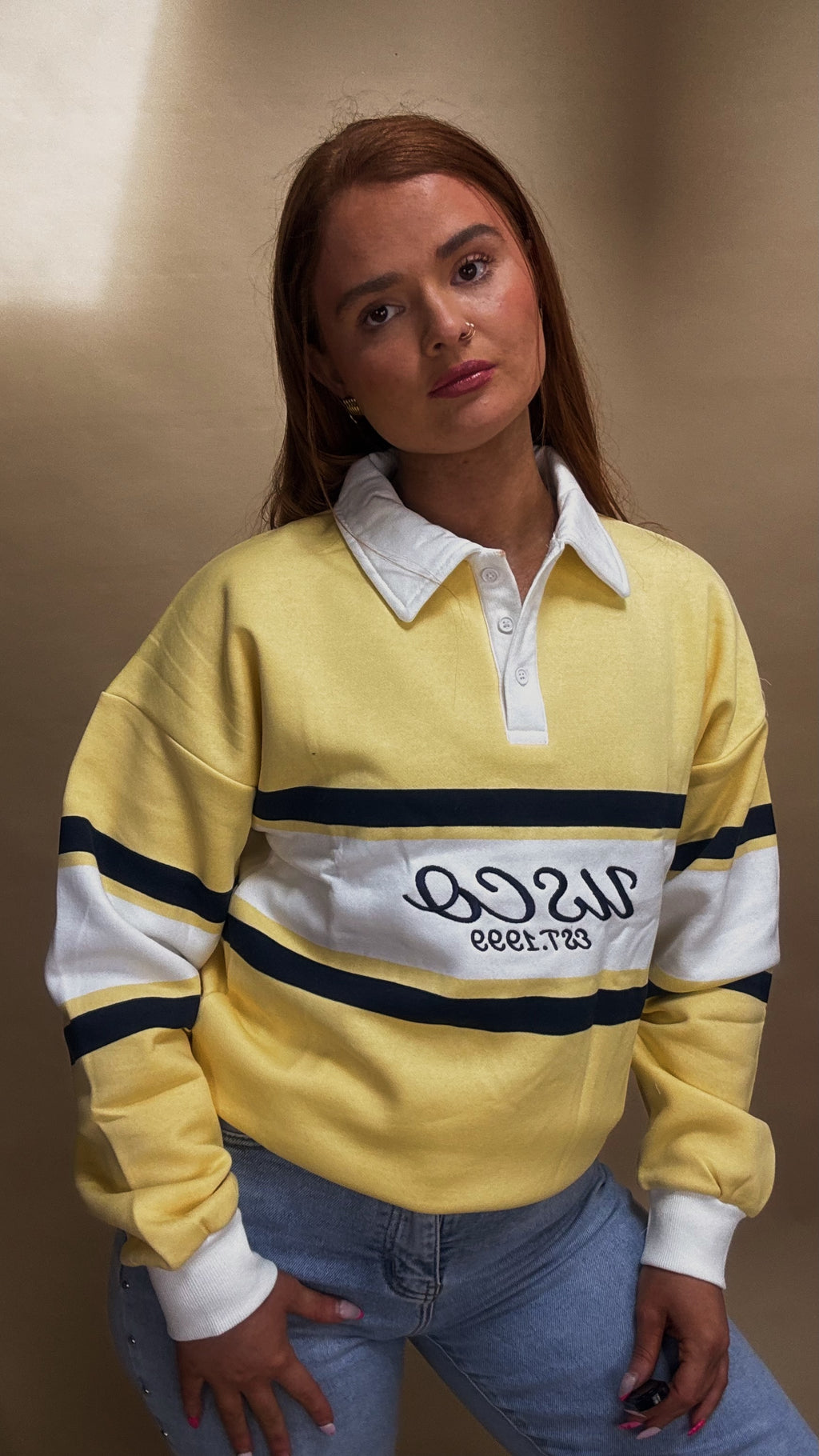 Flora 80% cotton fleece line rugby collar crew neck