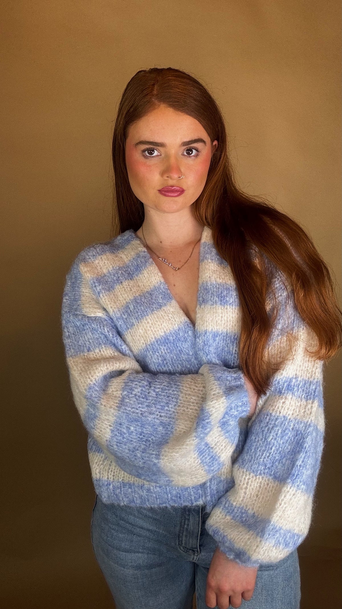 Olive Stripe Balloon Sleeve cardigan