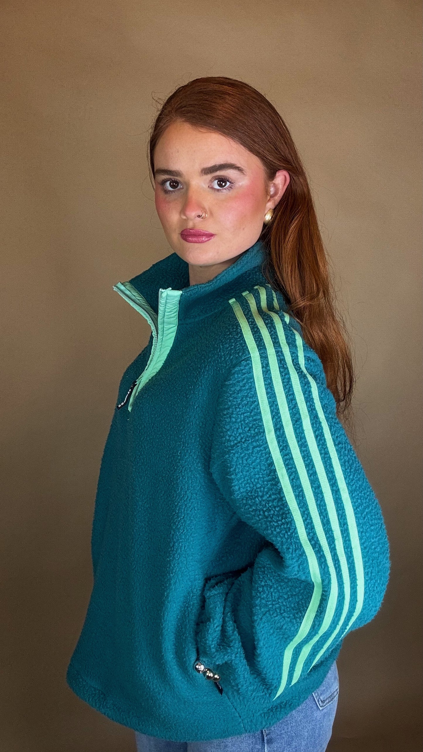 Mel x4 Stripe Fleece Mint size down. Pockets & draw string